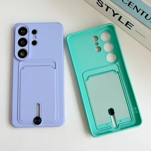 Colorful push sliding card holder phone case For Samsung Galaxy S26 S25 S24 S23 Plus Ultra Edge Fe fine hole silicone back cover