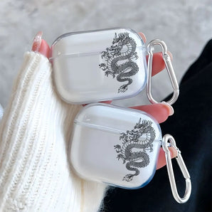 Black Art Dragon Pattern Clear Earphone Case for AirPods 4/3/2/1 Earbuds Case For AirPods Pro 3/Pro 2/Pro TPU Protective Cover
