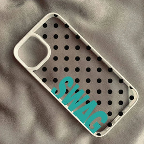 Trendy Turquoise SWAG Typography With Black Polka Dots White Frame Clear Protective Shell, Anti-drop Flexible TPU Case Fits iPhone 13 14 15 16 17 Series, Cool Y2K Daily Back Cover