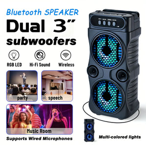 Portable wireless Bluetooth speaker with  multi-mode colorful lights. Supports TF card, USB Type-C port and FM radio. Suitable for parties, outdoor camping, square dancing and other occasions. A lovely gift.