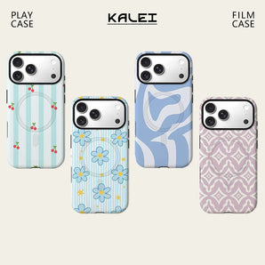 Light Blue Stripe Cherry Phone Case For Magnetic for iPhone 17 16 15 14 13 12 11 Pro Max Plus Double-layer Anti-Drop Back Cover
