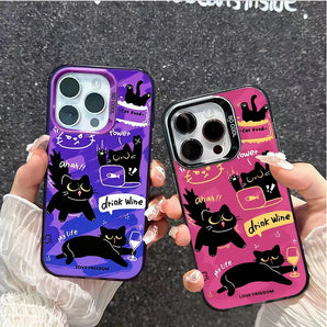 Funny Black Cat Graffiti Phone Case for iPhone, Cute Cartoon Design Color Camera Rim Anti-drop Mobile Phone Cover