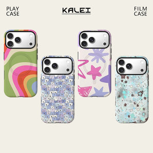 Pastel Curved Color Block Phone Case For Magnetic for iPhone 17 16 15 14 13 12 11 Pro Max Plus Double-layer Anti-Drop Back Cover