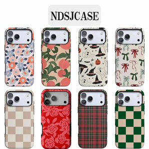 Lovely Phone Case for iPhone 17 16 15 14 13 12 11 Air Pro Max Plus Luxury plaid Flowers Double-layer Back Cover