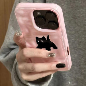 Phone Case For iPhone 17Air 16 15 14 12 13 11 Pro Max Candy Color Wave Pattern Protective Cover Cute Black Fuzzy Cat Shockproof