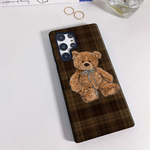 Brown Plaid Teddy Bear Phone Case for Samsung Galaxy S25 Ultra S24 S23 Ultra Plus Shockproof Double Layer Back Cover