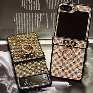 Artificial Diamond-Plated Ring Buckle Phone Case for Samsung Galaxy Z Flip 8 7 6 5 4 3 Series Featuring a Luxury Design Shiny