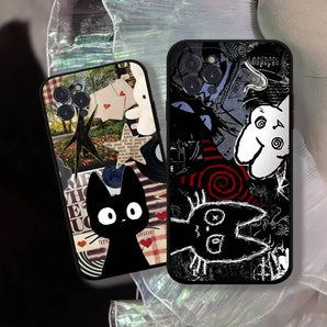 Graffiti Black Cat Pattern Black Matte Phone Case For iphone 17 Air 16 15 14 13 12 11 Pro Max Plus Back Cover TPU Soft Case