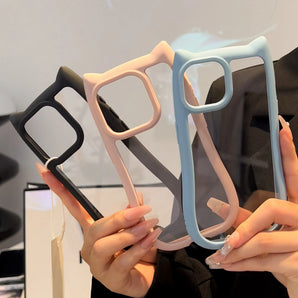 Cute Cat Ear Transparent Phone Case For iPhone 16 Case iPhone 13 12 11 15 14 17 Pro Max Air Silicone Shockproof Soft Blue Cover